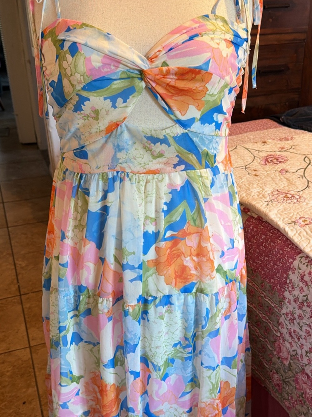 SHEIN White Floral Dress with Blue Accents